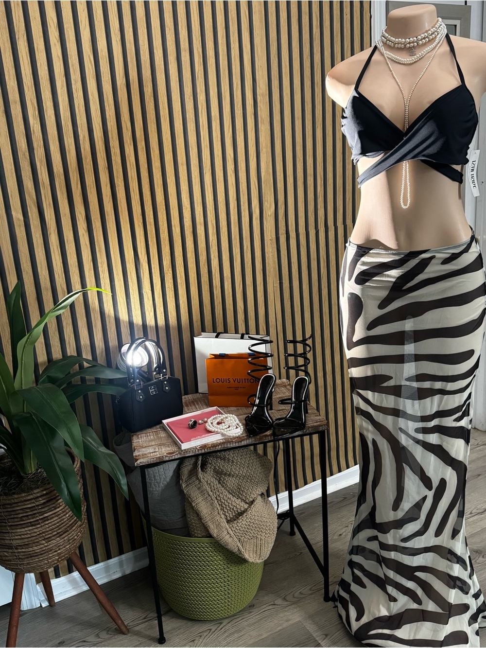 Black Crop Bikini Top with Cream & Black Zebra Swim Maxi